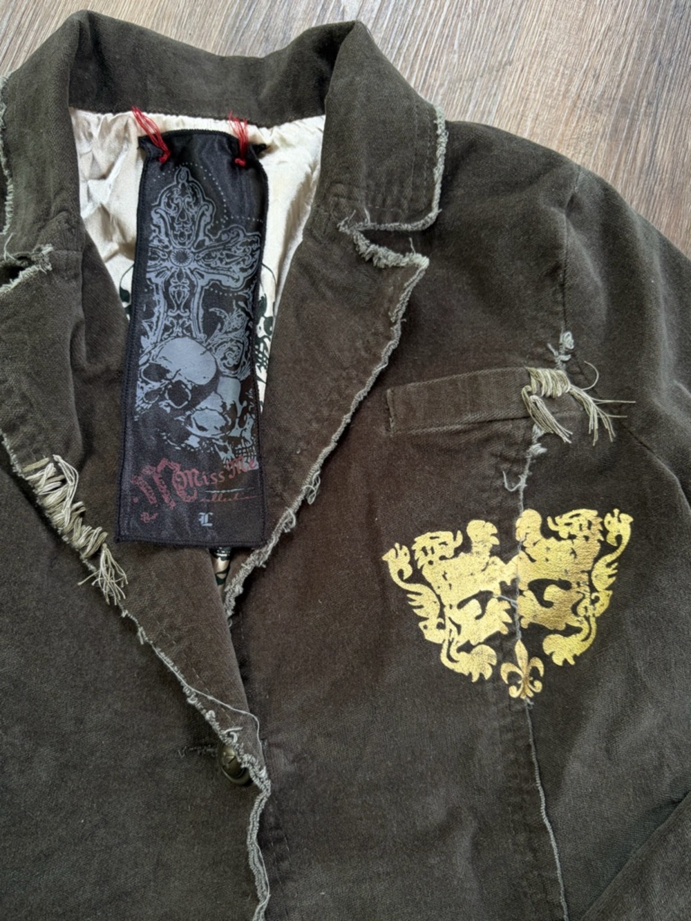 Miss Me Distressed Brown Corduroy Blazer Jacket with Gold Crest